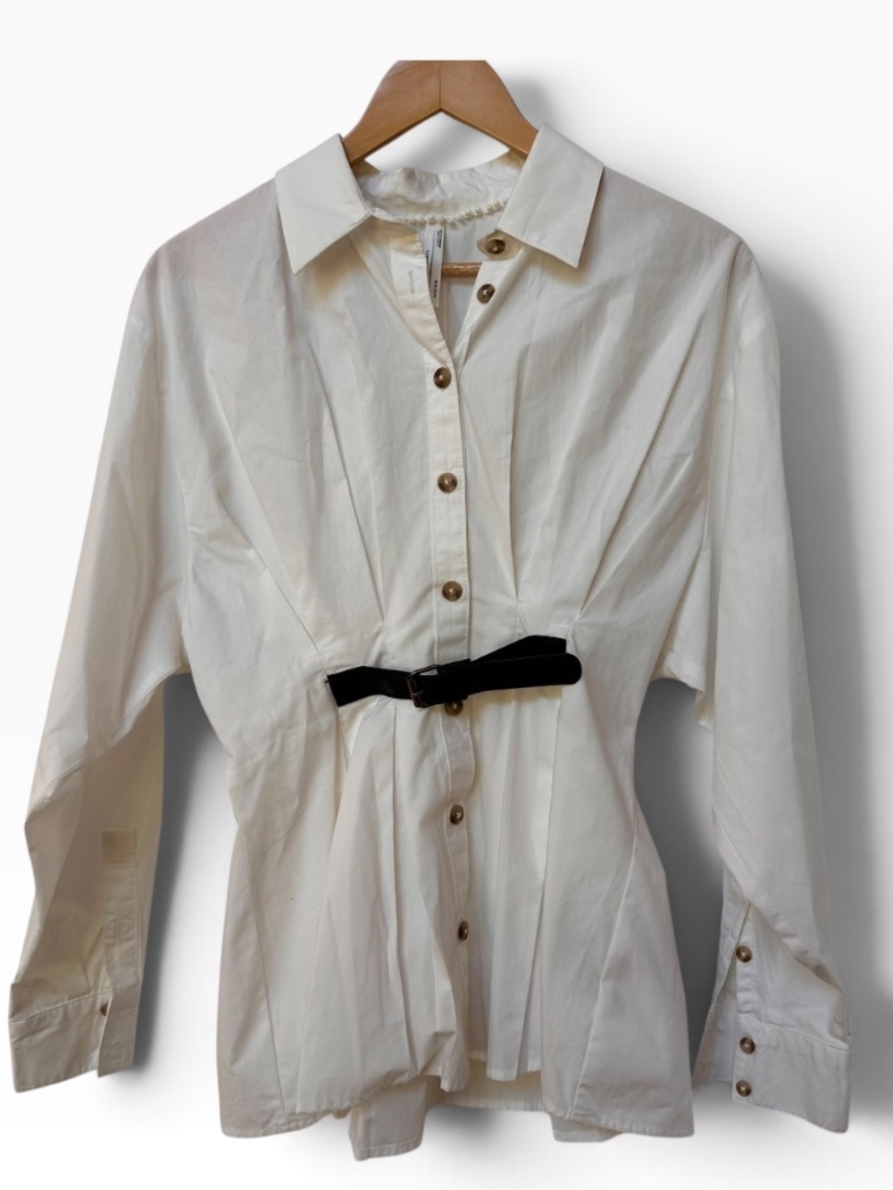 By Anthropologie Womens Off White Belted Pleated Waist Button Down Blouse OS 🤍